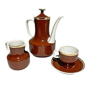𝅺VINTAGE Hollohaza Hungarian Porcelain Red Brown Gold Trim Coffee Service Set 3